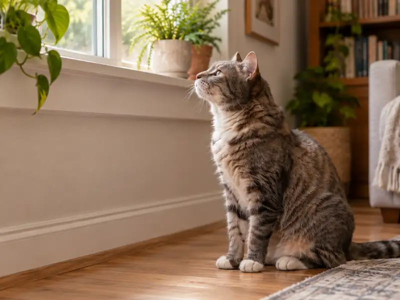 Katze zögert vor dem Sprung auf die Fensterbank – typisches Zeichen für Arthrose.