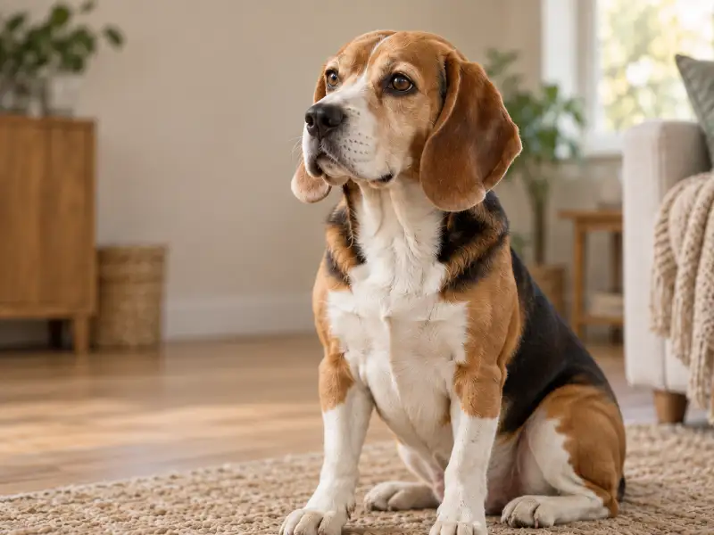 Beagle sitzt aufmerksam – Immunalterung beim Hund verläuft geschlechtsabhängig.