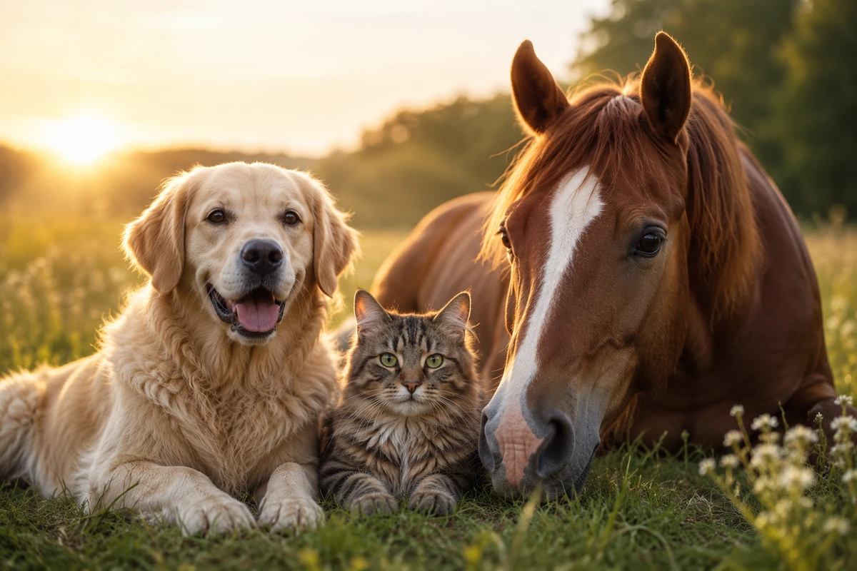Hund, Katze und Pferd gemeinsam auf einer Wiese als Symbol für Tiergesundheit und Longevity.